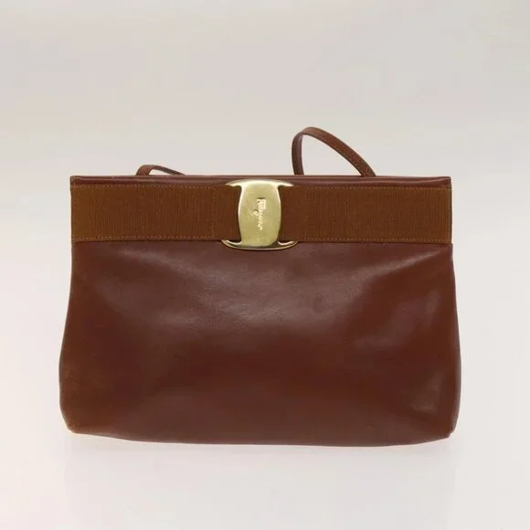 Salvatore Ferragamo Vala Shoulder Bag Leather 2Set Brown Auth am8995